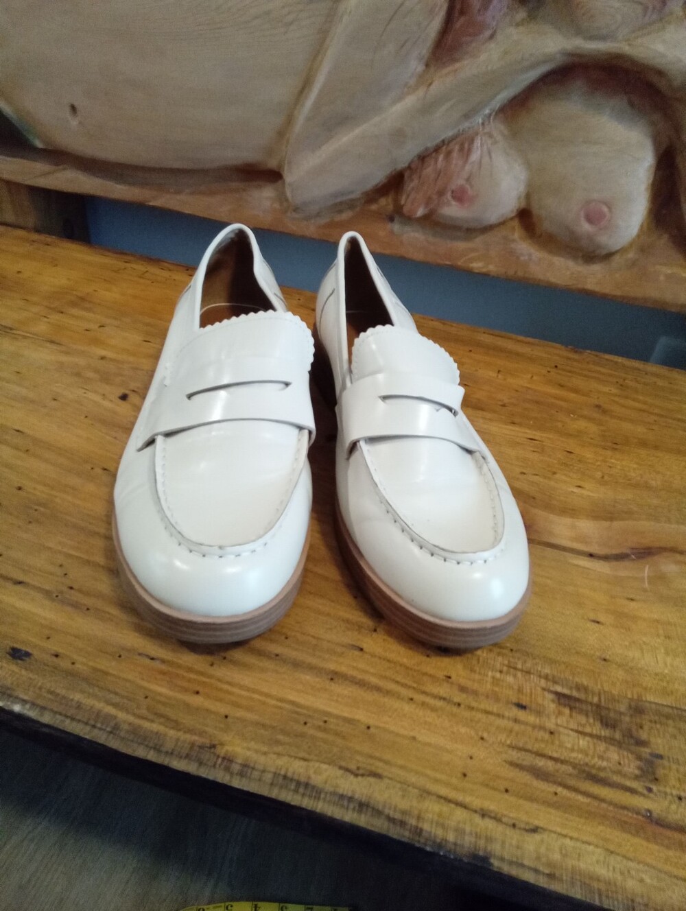 Lucky Brand Floriss Penny Loafer Sz 10 Cream Leather Slipon Shoe 1.5" Block Heel